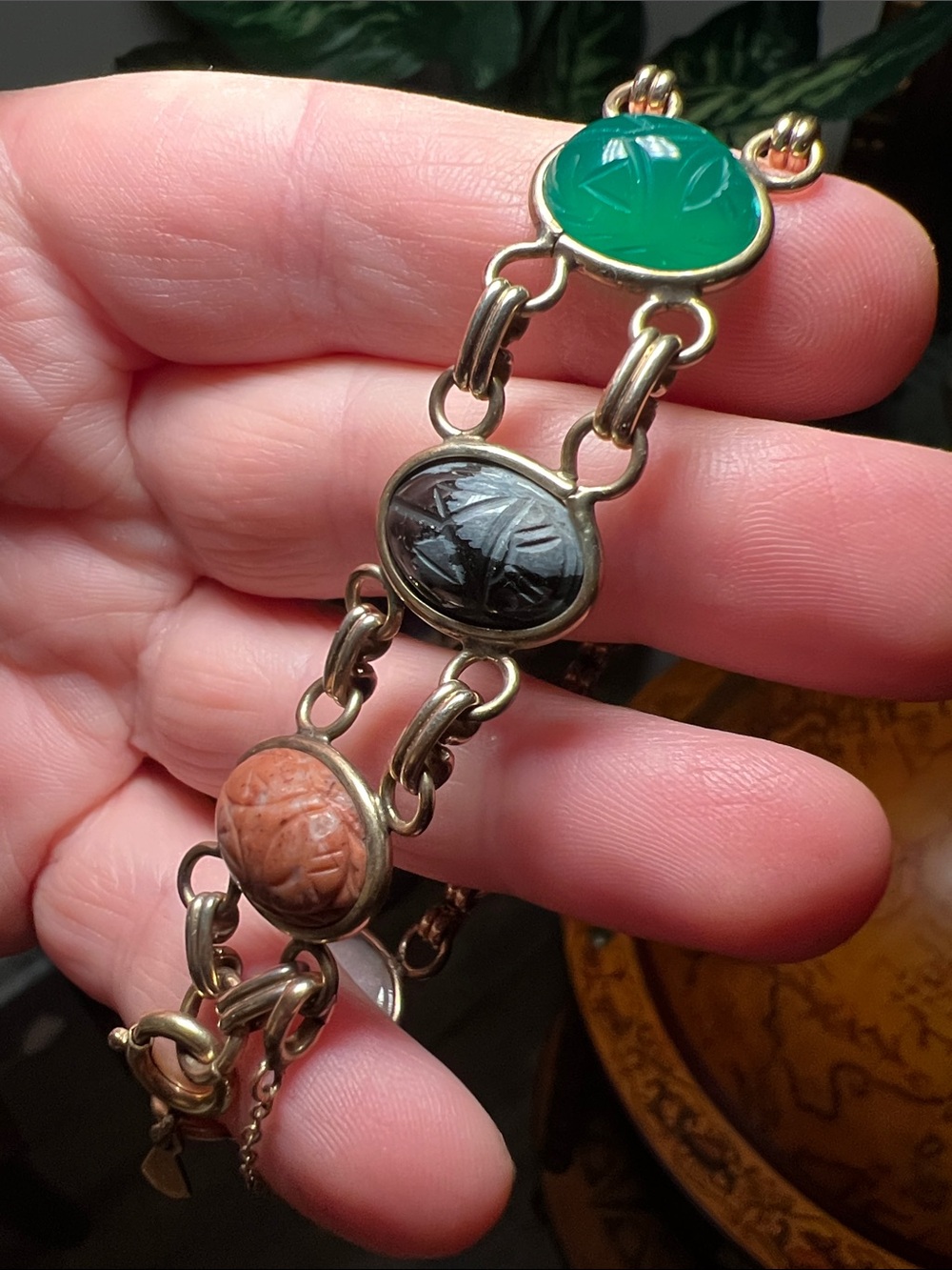 Vintage Amco Signed 12k Gold Filled Multi Gemstone Carved Scarab Bracelet - Picture 5 of 15